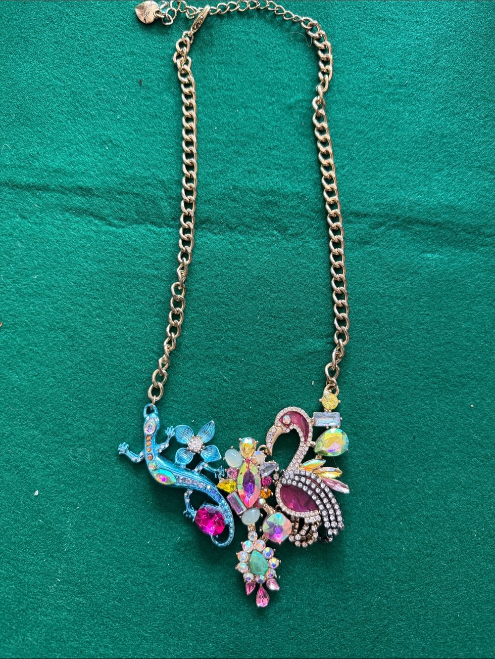 RARE Betsey Johnson Multicolor Crystal Floral & Flamingo Pendant Necklace